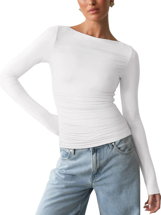 REORIA Womens Boat Neck Long Sleeve Shirt Double Lined Basic Tees Side Ruched Going Out Tops 2024 Cute Trendy Clothes White