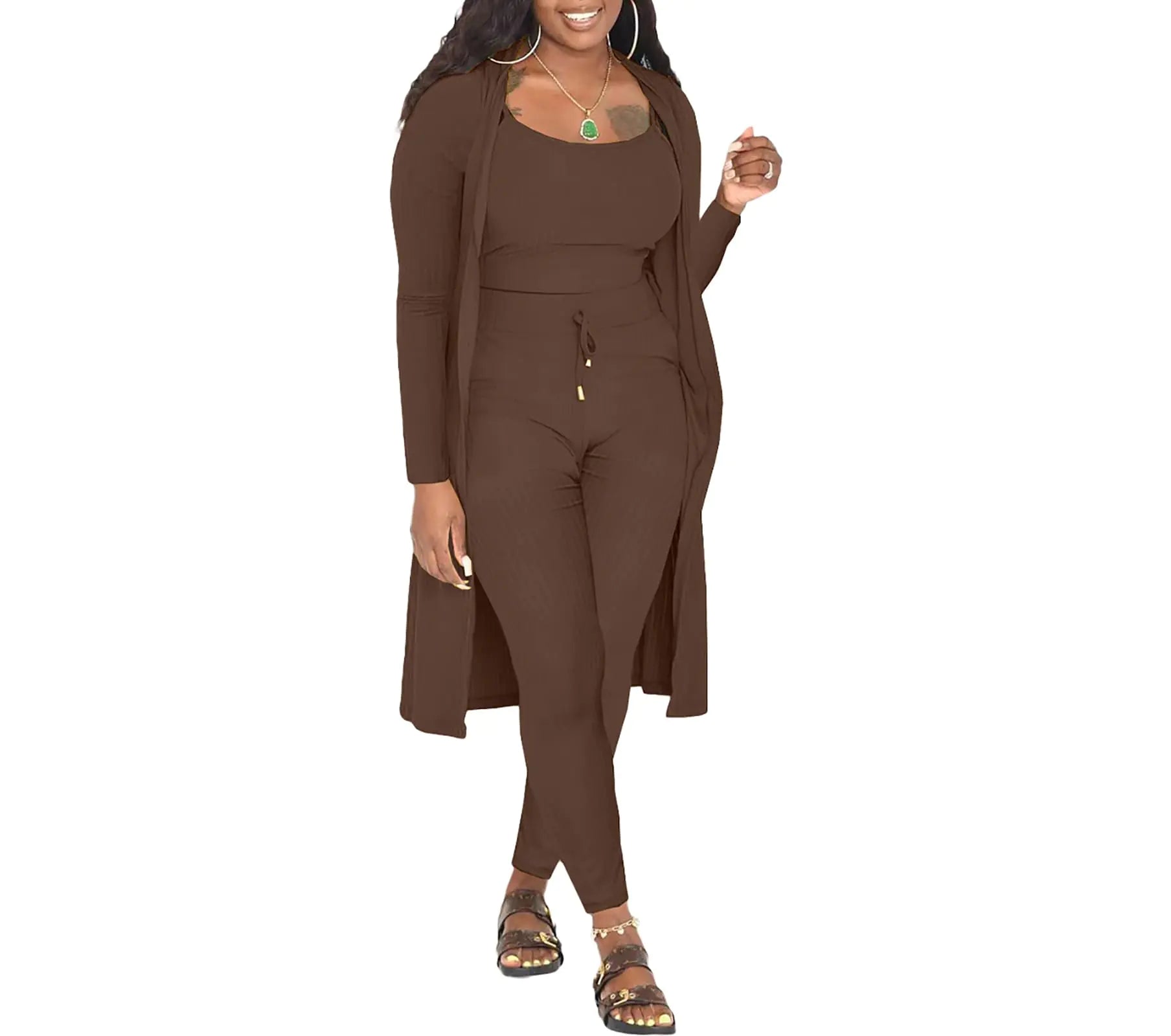 3 Piece Outfits for Women Long Sleeve Cardigan Tank Tops Bodycon Skinny Long Pants Sets Women 2 Piece Outfits Womens Lounge Set Fall Winter Outfits Airport Outfit Birthday Outfits Tracksuit Brown XL