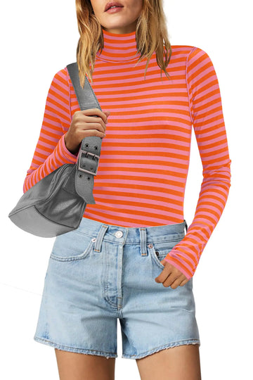 Yanekop Womens Striped Turtleneck Shirt Long Sleeve Striped Shirts Ribbed Knit Slim Fit Top Fitted Basic Tees(A Orange PinkM)